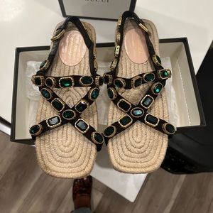 Gucci Grosgrain Espadrille Sandals w/ Green Crystals